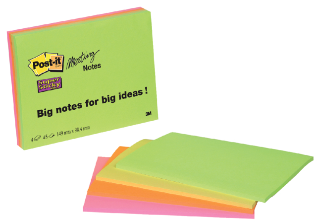 Bloc-mémos Post-it 6445 Super Sticky 152x101mm assorti 4 pièces