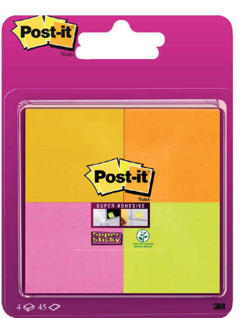 Bloc-mémos Post-it 6910 Super Sticky 51x51mm assorti 4 pièces