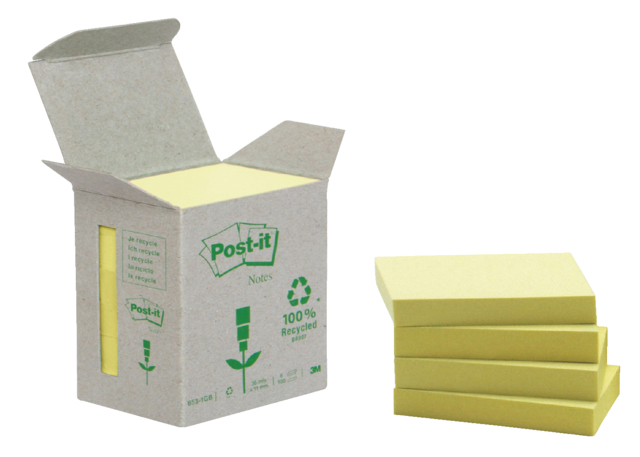 Bloc-mémos Post-it 653-1B 38x51mm recyclé jaune canari 6 pièces