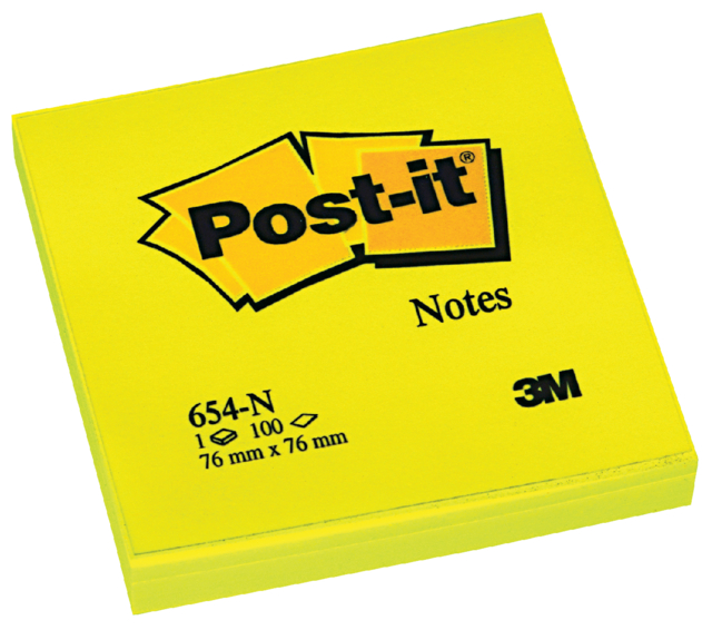 Memoblok Post-it 654 76x76mm neon geel 100 vel