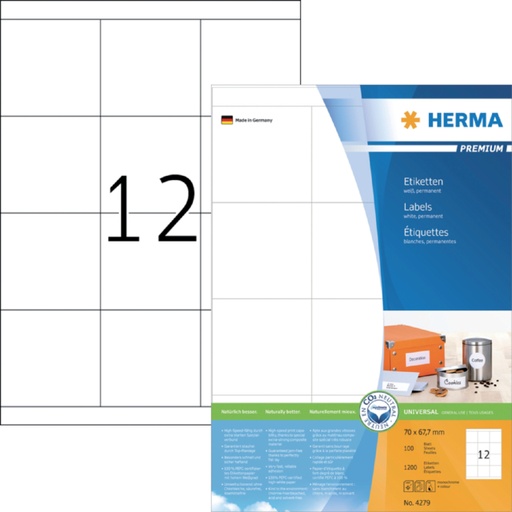 [816805] Etiket HERMA 4279 70x67.7mm premium wit 1200stuks