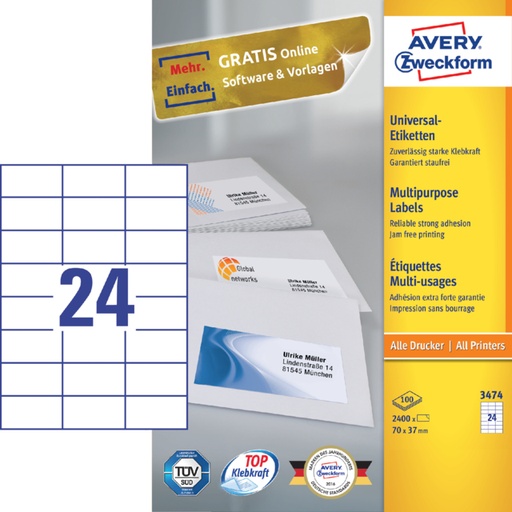 [817282] Etiket Avery Zweckform 3474 70x37mm wit 2400stuks