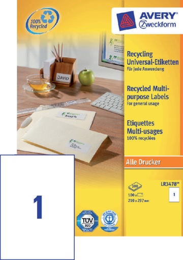 [811040] Etiket Avery Zweckform LR3478 210x297mm A4 recycled wit 100 etiketten