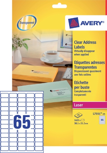 [817276] Etiquette Avery L7551-25 38,1x21,1mm transparent 1625 pièces