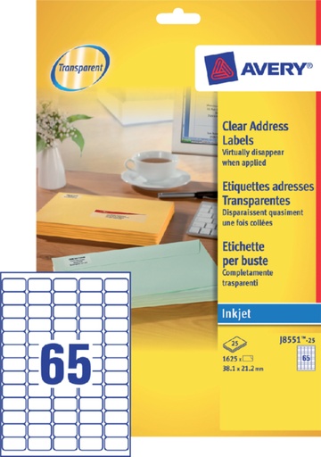 [811127] Etiket Avery J8551-25 38.1x21.2mm transparant 1625stuks