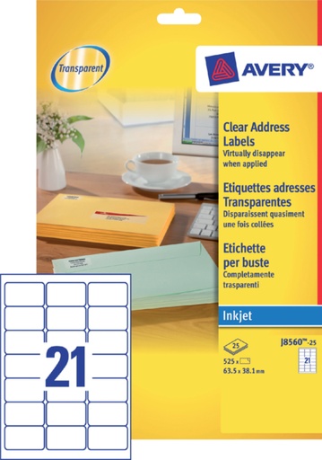 [817246] Etiket Avery J8560-25 63.5x38.1mm transparant 525stuks