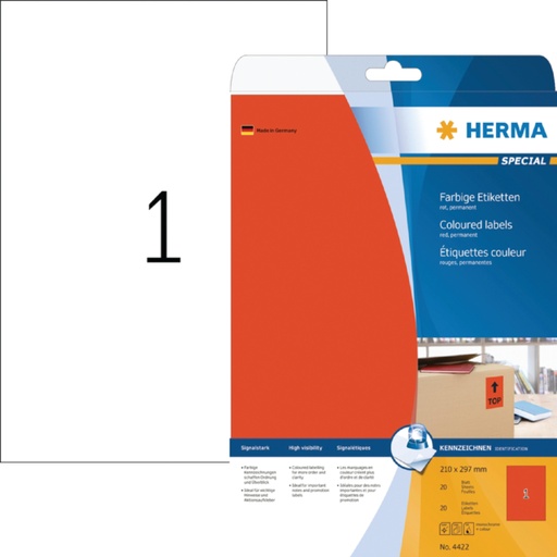 [817462] Etiket HERMA 4422 210x297mm A4 verwijderbaar rood 20stuks