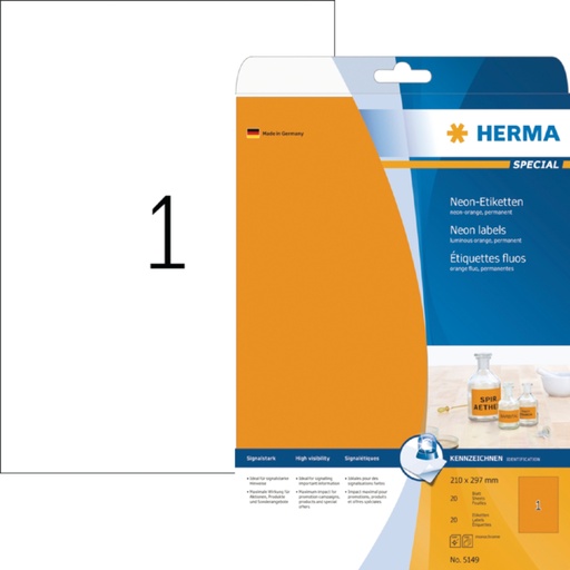 [817101] Etiket HERMA 5149 210x297mm A4 fluor oranje 20stuks