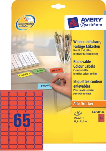 [811027] Etiquette Avery Zweckform L4790-20 38,1x21,2mm rouge 1300 pièces
