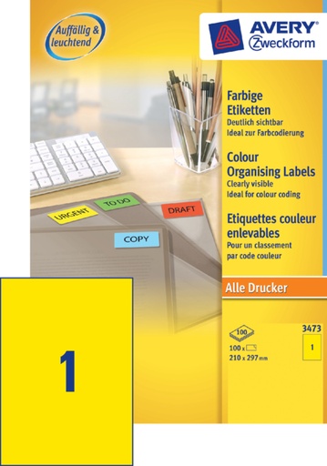 [811046] Etiquette Avery Zweckform 3473 210x297mm A4 jaune 100 pièces