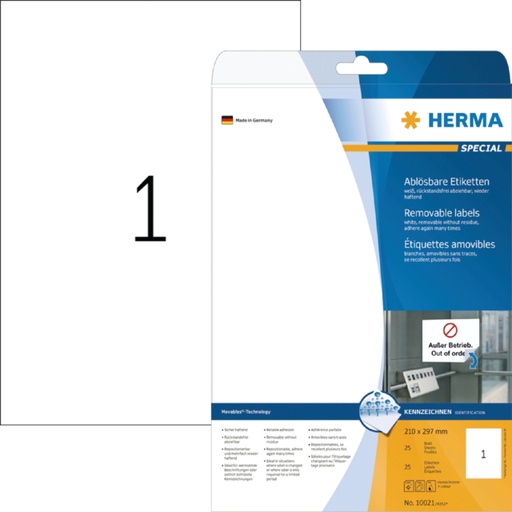 [816900] Etiket HERMA 10021 210x297mm A4 verwijderbaar wit 25 etiketten