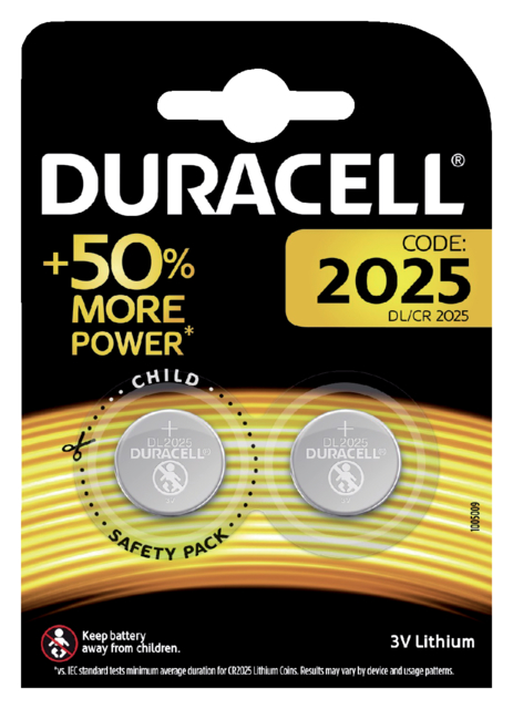 Pile bouton Duracell 2x CR2025 lithium Ø20mm 3V-170mAh