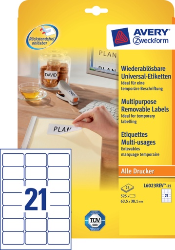 [817512] Etiket Avery Zweckform L6023REV-25 63.5x38.1mm afneembaar wit 525stuks