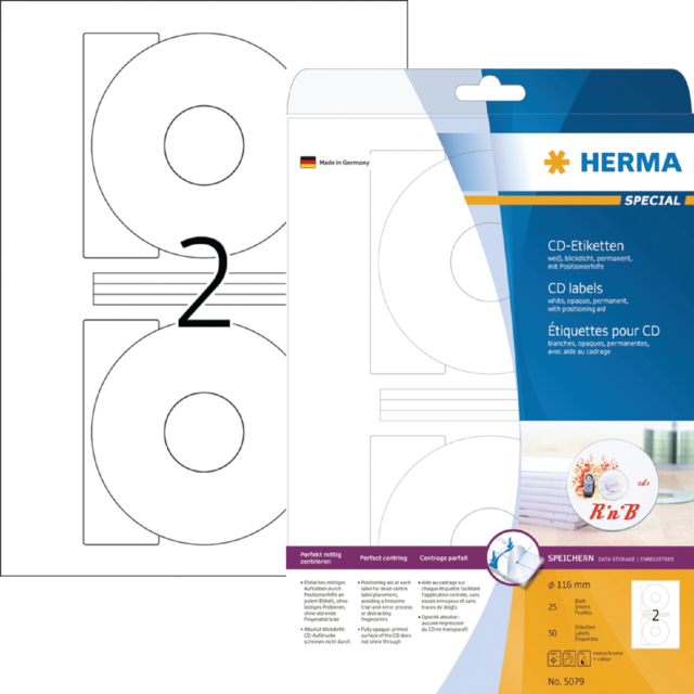 Etiquette HERMA 8624 CD 116mm blanc opaque 20 pièces