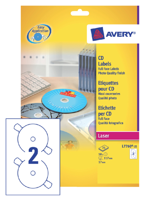 Etiquette CD Avery L7760-25 maxi-couvrantes brillant 50 pièces