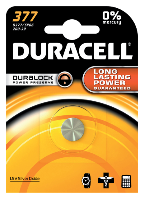 Pile bouton Duracell 377 oxyde d’argent Ø6,8mm 1,5V-18mA