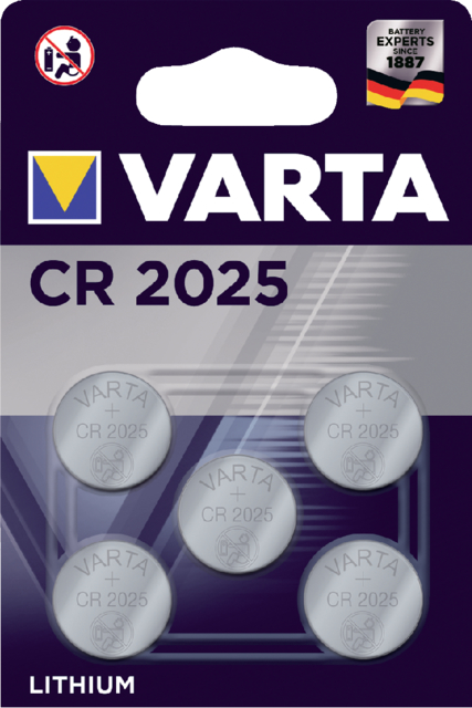 Pile bouton Varta CR2025 lithium blister 5 pièces