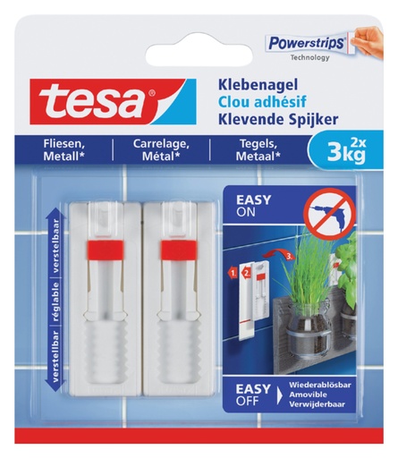 [802056] Klevende Spijker tesa® tegels & metaal 3kg verstelbaar wit 2 stuks