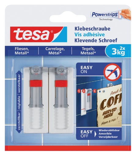 [802057] Klevende schroef tesa® tegels & metaal 3kg verstelbaar wit 2 stuks