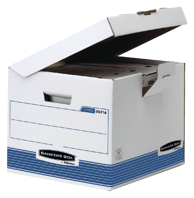 Caisse archives Bankers Box System flip top cube blanc-bleu