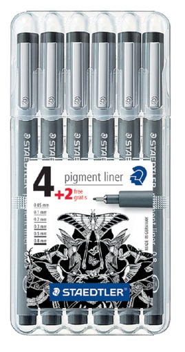 [633220] Fineliner Staedtler Pigment 308 zwart set 4+2 gratis