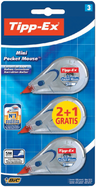 Correcteur Tipp-Ex Mini Pocket Mouse 5mmx6m blister 2+1 gratuit