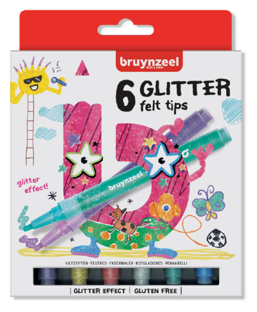 Feutre Bruynzeel Kids Glitter assorti blister 6 pièces
