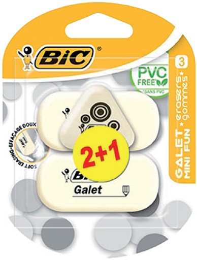 [721403] Gomme crayon BIC galet PVC tendre blanc 3 pièces