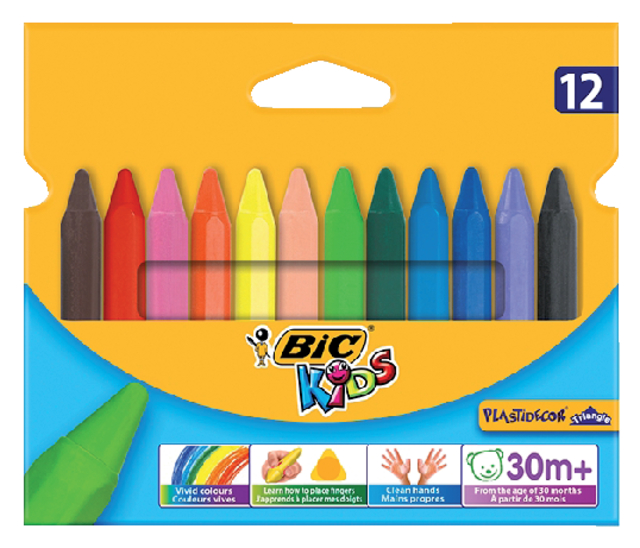 Craie de coloriage BIC Kids 857 Plastidecor triangle assorti étui 12 pièces
