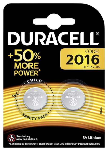 Pile bouton Duracell 2x CR2016 lithium Ø20mm 3V-90mAh