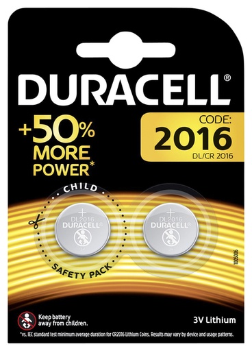 [413634] Batterij Duracell knoopcel 2xCR2016 lithium Ø20mm 3V-90mAh