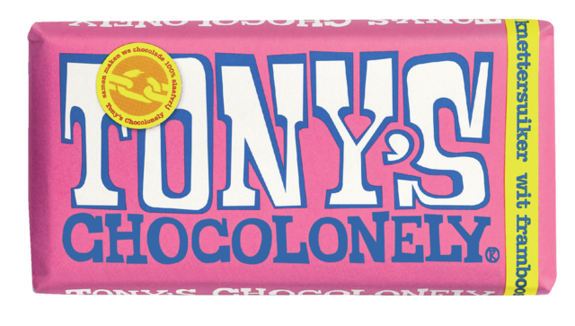 Chocolade Tony''s Chocolonely wit framboos knettersuiker reep 180gr