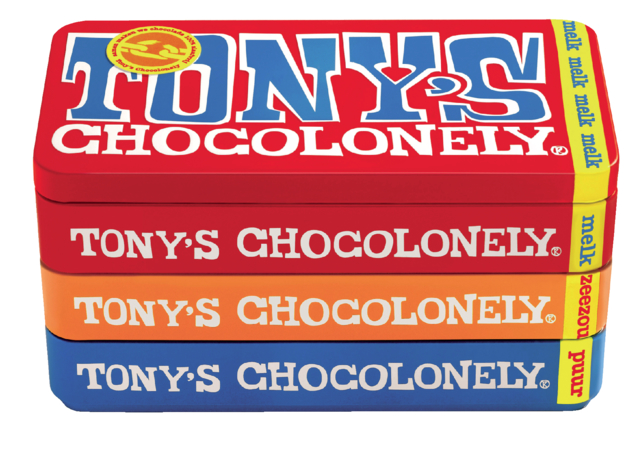 Chocolat Tony''s Chocolonely lait.noir et caramel au sel marin boîte 540g