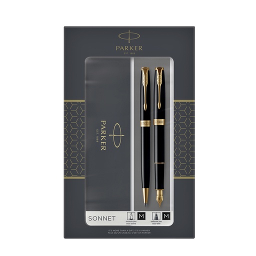 [614439] Stylo bille et stylo plume Parker Sonnet Black Lacquer GT Medium 2 pièces