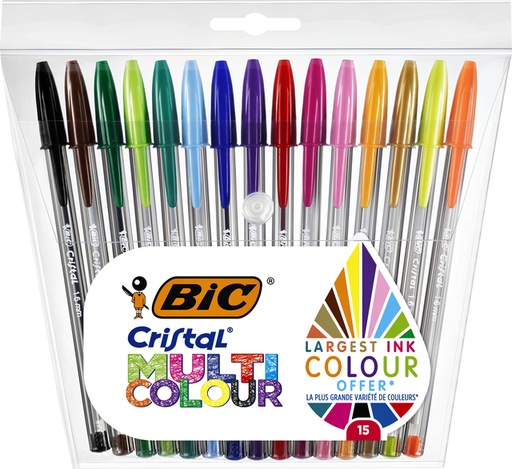 [965630] Balpen Bic Cristal large multicolour assorti etui à 15 stuks