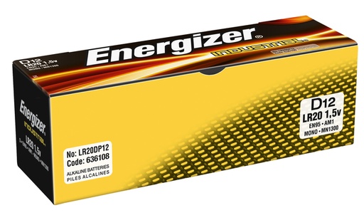 [413627] Pile Energizer Industrial D alcaline boite 12 pièces