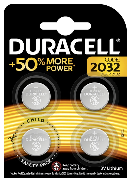 Pile bouton Duracell 4x CR2032 lithiun Ø20mm 3V-180mAh