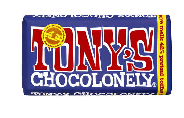 Chocolade Tony''s Chocolonely donker melk pretzel toffee reep 180gr