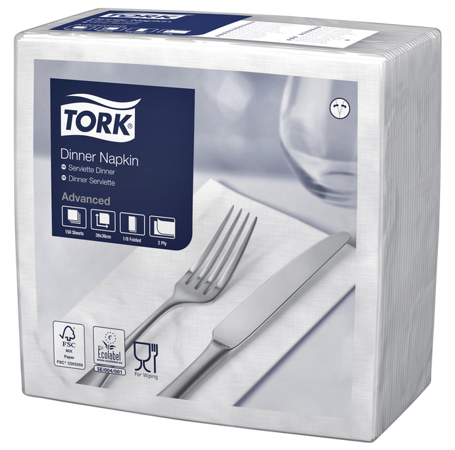 Serviette Tork Dinner 477554 2 épaisseurs pli 1/8 blanc 150 pièces