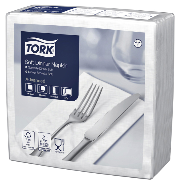 Serviette Tork 477579 Soft Dinner 3 épaisseurs pli 1/8 blanc 100 pièces