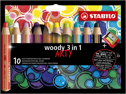 [640443] Kleurpotloden STABILO 880 woody 3 in 1 Arty inclusief puntenslijper assorti etui à 10 stuks