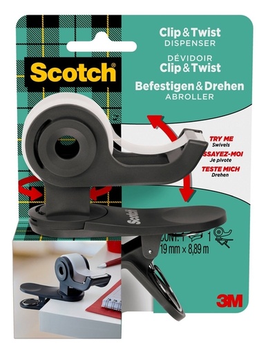 [1000063] Dévidoir Scotch Clip C19 gris foncé + 1 rouleau Magic 8,89mx19mm