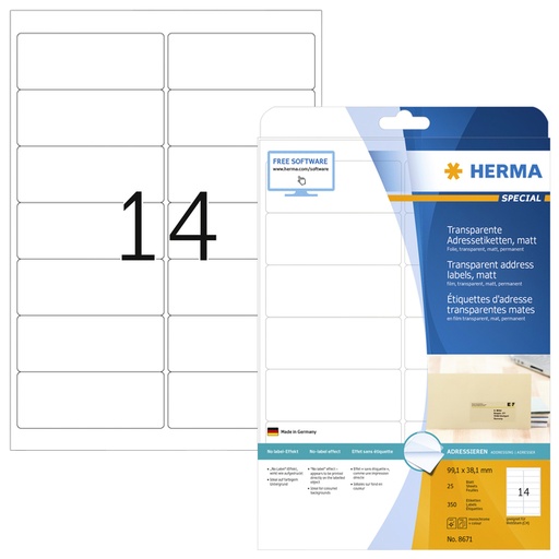 [1000121] Etiquette HERMA 8671 A4 99,1x38,1mm 350 pièces fim transparent mat