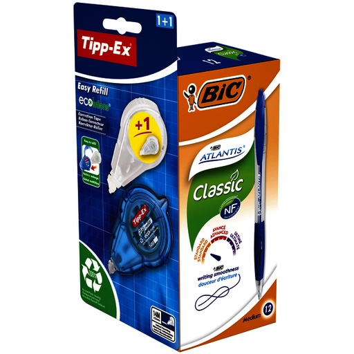 [1000329] Stylo bille BIC Atlantis + Tipp-ex Easy gratuit Medium bleu boîte 12 pièces