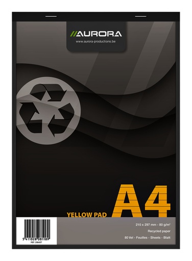 [1388130] Bloc-notes Aurora Yellow Pad A4 ligné 4 perf 160 pages 80g jaune