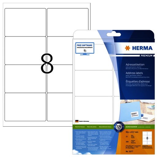 [1388583] Etiket HERMA 5077 A4 99.1x67.7mm premium 200stuks wit