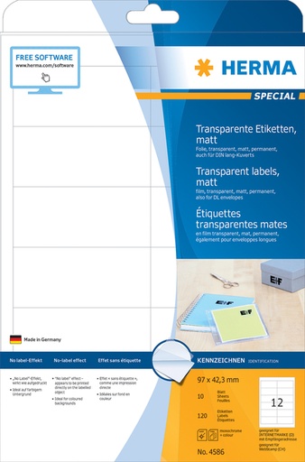 [1399819] Etiquette HERMA 4586 97x42,3mm résistante aux intempéries 120 pièces transparente mate