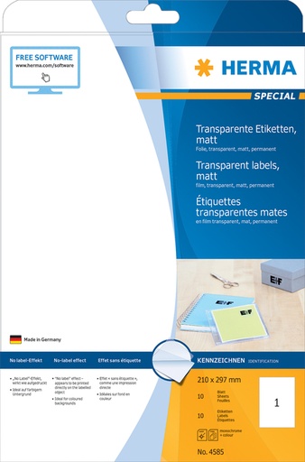 [1399821] Etiquette HERMA 4585 210x297mm résistante aux intempéries 10 pièces transparente mate