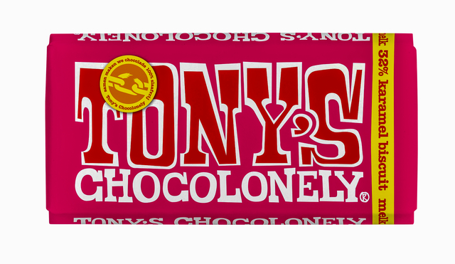 Chocolade Tony''s Chocolonely melk karamel biscuit reep 180gr