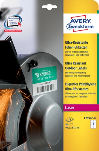 [1419981] Etiket Avery Zweckform L7914-10 99.1x67.7mm polyester wit 80stuks